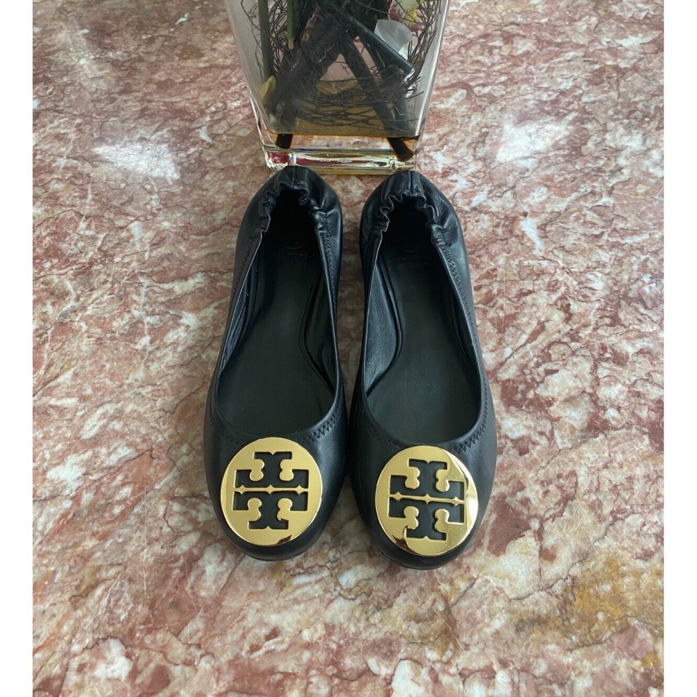 Tory Burch Minnie Black Leather Travel Ballet Flats Size 8.5M EUC! Retail $228